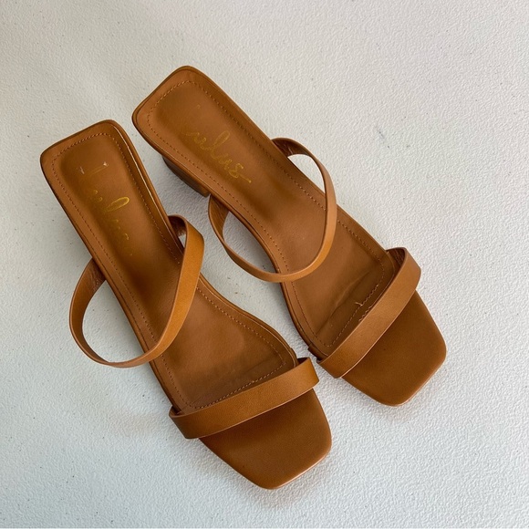 Lulus Fallyn Naked Mules Sandals Mocha Block Heels Square Toes Slip On Size 7 - Picture 2 of 5